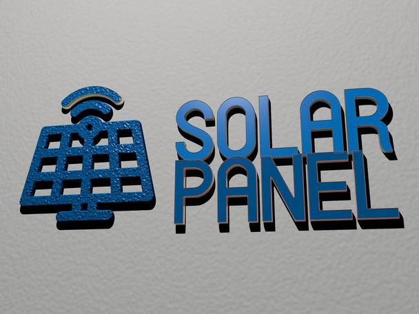 icono del panel solar y texto en la pared - Ilustración 3D para la energía y el fondo - Foto, imagen