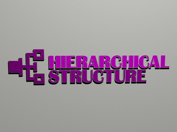 struttura gerarchica icona e testo sul muro - Illustrazione 3D per le imprese e lo sfondo - Foto, immagini