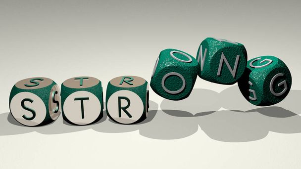 strong text by dancing dice letters - 3D illustration for background and concept - Photo, Image