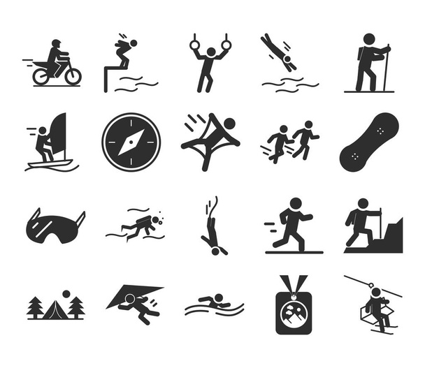 extreme sport actieve levensstijl zwemmen motorcross loper klimmer wandelen duiken silhouet pictogrammen set ontwerp - Vector, afbeelding