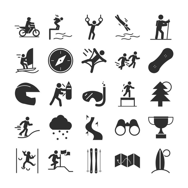 deporte extremo estilo de vida activo gimnasia corredor swin buceo esquí escalada silueta iconos conjunto de diseño - Vector, imagen