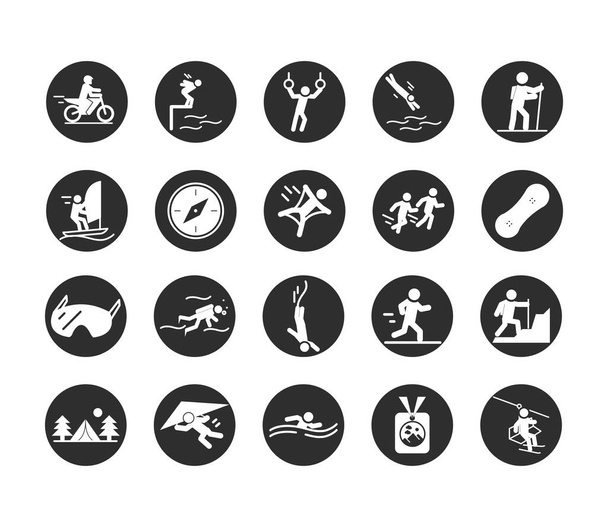 extreme sport actieve levensstijl zwemmen motorcross loper klimmer wandelen duiken blok en platte pictogrammen ingesteld - Vector, afbeelding