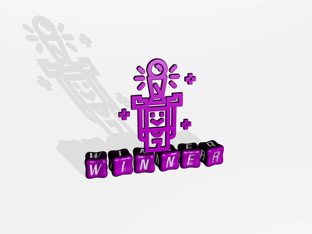 Объект иконки WINNER 3D на тексте кубических букв - 3D иллюстрация для фона и награды - Фото, изображение