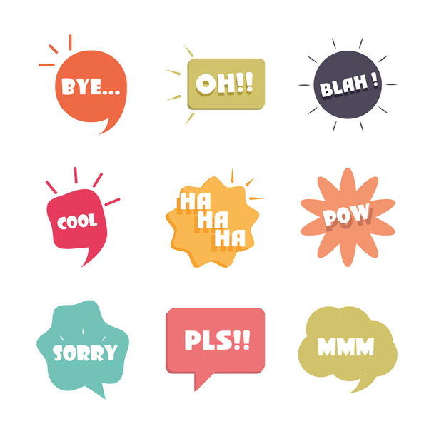 slang bubliny různá slova a fráze v multicolor karikatura, bye pls sorry flat icons set - Vektor, obrázek