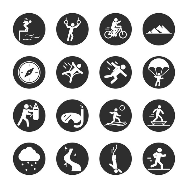 extreme sport active lifestyle jogging ski motocross diving block and flat icons set - Vector, Image