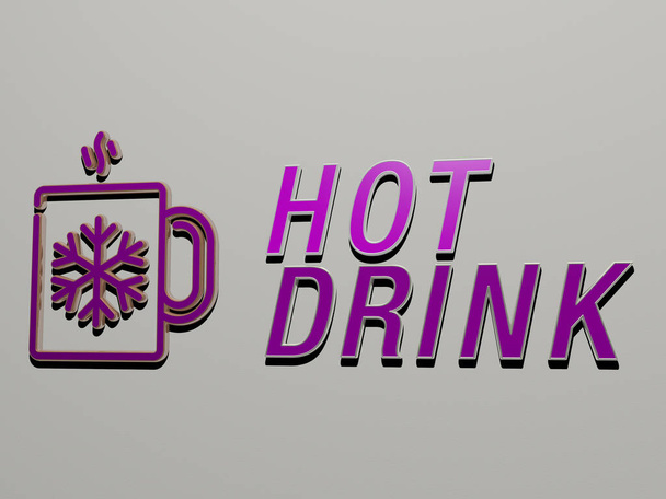 HOT DRINK εικονίδιο και κείμενο στον τοίχο - 3D εικόνα για φόντο και καφέ - Φωτογραφία, εικόνα