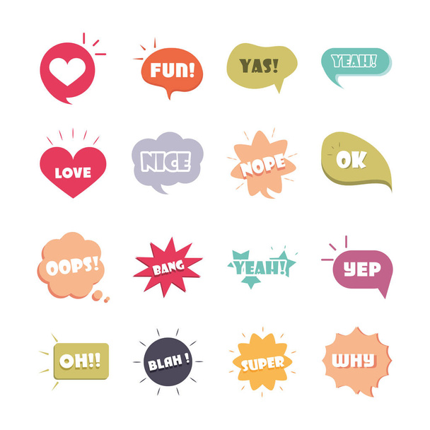 slang bubliny různá slova a fráze v vícebarevné karikatury, láska pěkné super ploché ikony sada - Vektor, obrázek