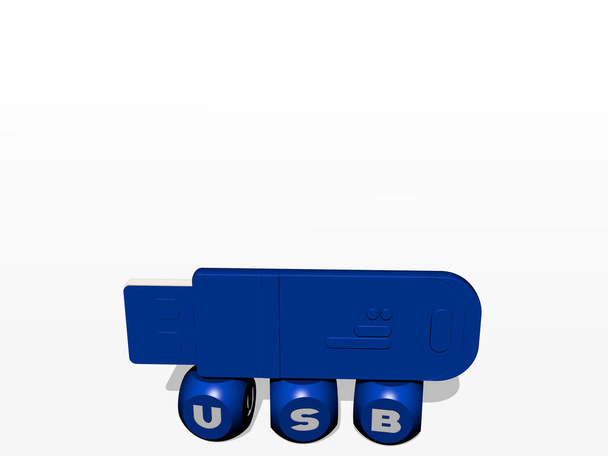 USB kubieke letters met 3D-pictogram op de top - 3D-illustratie voor achtergrond en computer - Foto, afbeelding