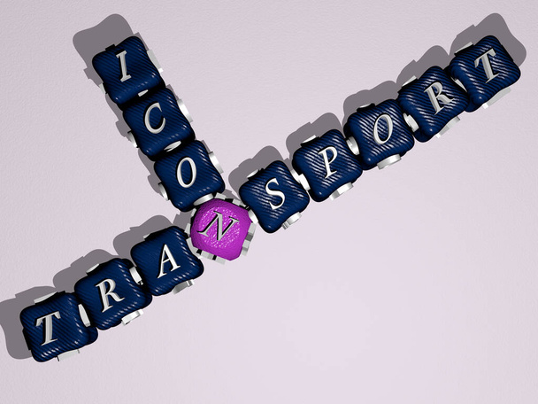 カラフルな立方文字の輸送アイコンのクロスワード-車と背景のための3Dイラスト - 写真・画像