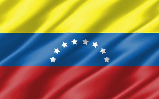 Шелковый волнистый флаг Венесуэлы графический. Волнистая трехмерная иллюстрация флага Венесуэлы. Сохнувший флаг Венесуэлы - символ свободы, патриотизма и независимости. - Фото, изображение