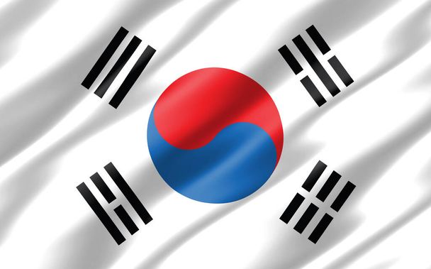 Güney Kore grafikli ipek dalgalı bayrak. Dalgalı Güney Kore bayrağı 3 boyutlu illüstrasyon. Dalgalanan Güney Kore bayrağı özgürlük, vatanseverlik ve bağımsızlığın sembolüdür.. - Fotoğraf, Görsel