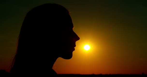 Macro contrast profile of female face kissing sun on saturated sunset background copy text space. Side view of womans face close up outdoors evening golden light. Travel summer vacation tourism - Footage, Video