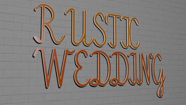 Texte RUSTIC WEDDING sur mur texturé - Illustration 3D pour fond et bois - Photo, image