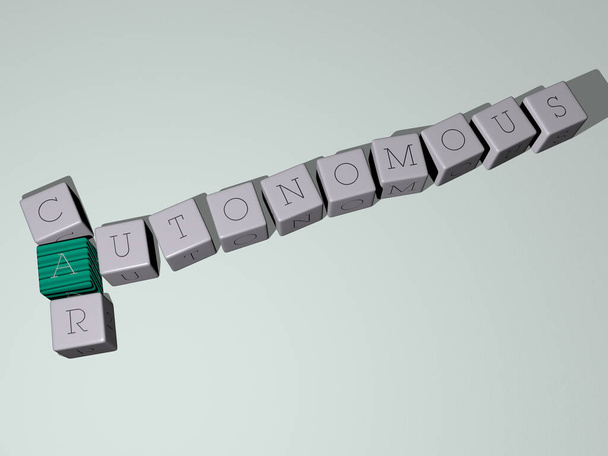 AUTONOMOUS CAR Kreuzworträtsel mit Würfelbuchstaben - 3D-Illustration für Konzept und Stadt - Foto, Bild