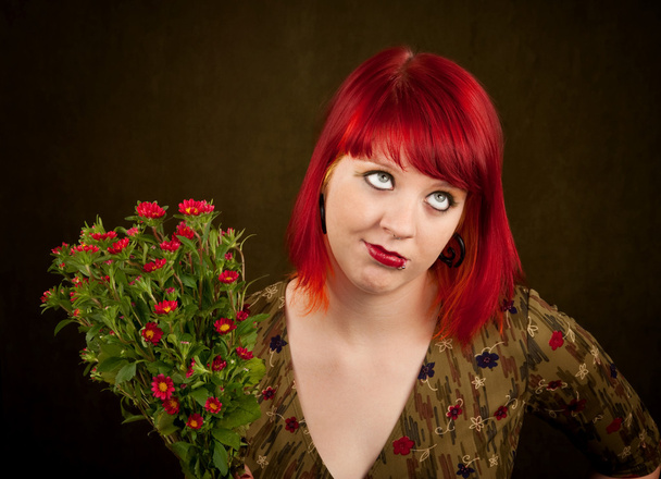 Punky Girl with Red Hair and Flowers - Фото, зображення