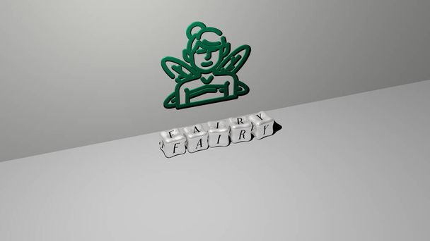 Duvarda Peri 3D simgesi ve yerde küp harfler - arkaplan için 3D illüstrasyon ve güzel - Fotoğraf, Görsel