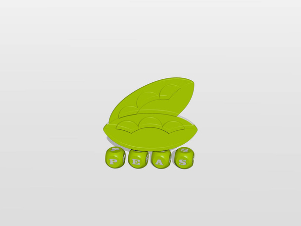 piselli lettere cubiche con icona 3D in alto - Illustrazione 3D per verde e sfondo - Foto, immagini
