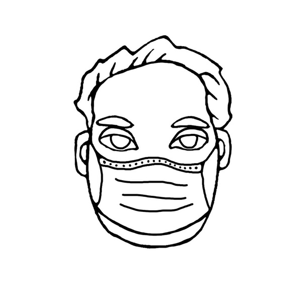 Umano in maschera medica proteggere contro le infezioni, virus. Illustrazione di contorno nero disegnato a mano in stile doodle sul tema della quarantena, dei tempi di autoisolamento e della prevenzione del coronavirus. - Foto, immagini