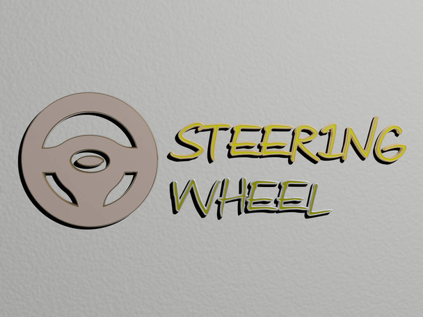 steering wheel icon and text on the wall - 3D illustration for car and background - Photo, Image