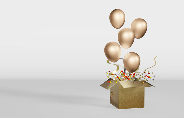 3Dイラストボックスとコンフェッティ爆弾とゴールドバルーン現実的なデザインのアイデアオープン段ボール箱リリースヘリウムバルーンは重要な日のバナー幸せな記念日のポスターを祝う3Dオブジェクトバルーンデザインやバナーのための - 写真・画像