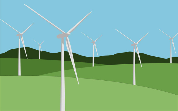 Turbinas eólicas en el campo verde. Molinos de viento de energía eléctrica ambiental. Minimalismo vectorial gráfico. - Vector, Imagen