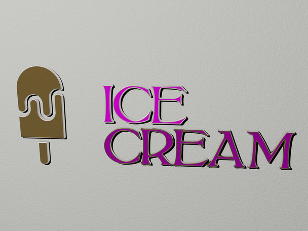 icône de crème glacée et texte sur le mur illustration 3D pour le fond et le froid - Photo, image