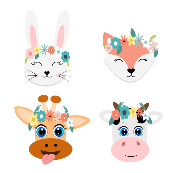 conjunto de faces animais ilustração flor grinalda na cabeça
 - Foto, Imagem