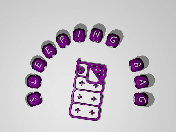 SLEEPING BAG icon surrounded by the text of individual letters - 3D illustration for bed and cute - Photo, Image