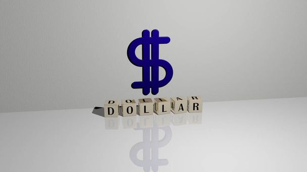 dollartekst van kubieke dobbelstenen letters op de vloer en 3D-pictogram op de muur - 3D-illustratie voor bedrijf en geld - Foto, afbeelding
