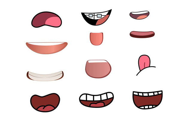 Lustige Cartoon-Münder mit verschiedenen Ausdrücken. Zähneknirschend lächeln, die Zunge herausstrecken, überrascht sein. Einfache Illustrationsgestaltung  - Foto, Bild