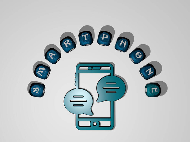icono de teléfono inteligente rodeado por el texto de las letras individuales - Ilustración 3D para fondo y negocios - Foto, Imagen
