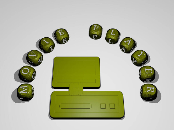 MOVIE PLAYER icon surrounded by the text of individual letters - 3D illustration for cinema and film - Photo, Image