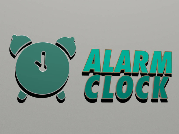 ALARM CLOCK ikon és szöveg a falon - 3D illusztráció háttér és koncepció - Fotó, kép