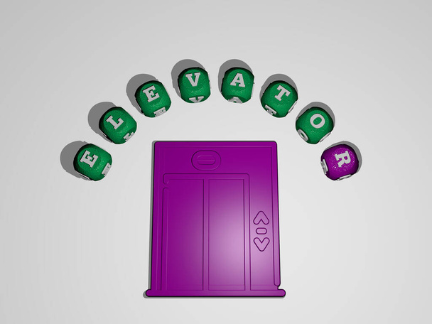 lift icoon omgeven door de tekst van individuele letters - 3D illustratie voor gebouw en architectuur - Foto, afbeelding