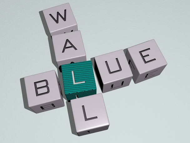 BLAUW WAL kruiswoordraadsel door kubieke dobbelstenen letters - 3D illustratie voor achtergrond en abstract - Foto, afbeelding