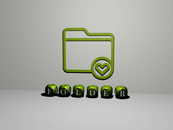 3D-weergave van FOLDER met icoon op de muur en tekst gerangschikt door metalen kubieke letters op een spiegelvloer voor concept betekenis en diavoorstelling presentatie voor illustratie en business - Foto, afbeelding