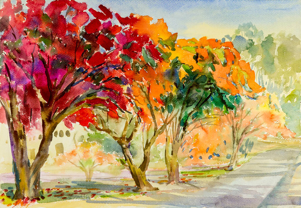 Akvarell táj eredeti festmény piros színe pávavirág és érzelem a felhő háttér - Fotó, kép