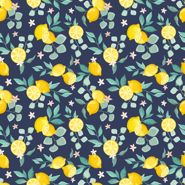Lemon branches and fruits on a blue background. Decorative seamless pattern - Vector, imagen