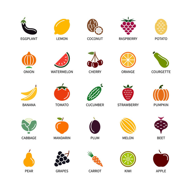 Veganistische silhouetten kleur pictogrammen bio ecologie biologische logo 's en badges groenten fruit analyse ontwerp elementen fruit groenten vers gezond voedsel vector symbolen set - Vector, afbeelding
