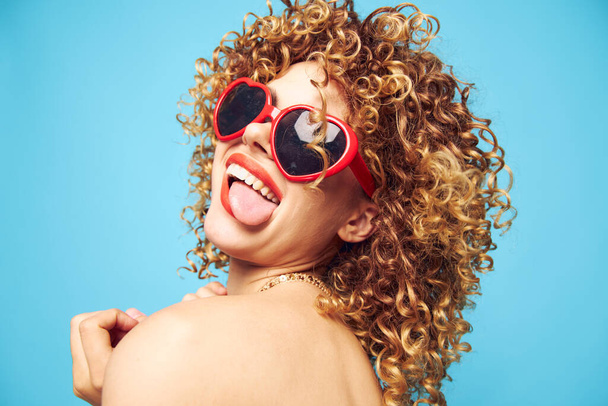 Attractive lady expression of feelings cropped view, red sunglasses  - Фото, зображення