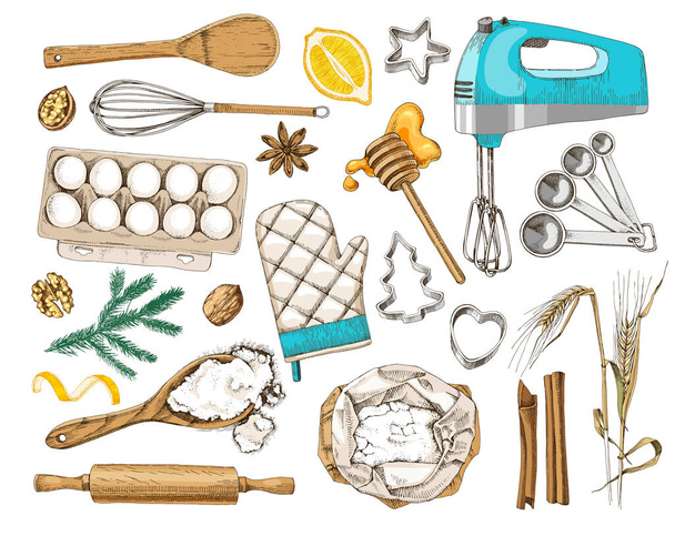 Set of baking ingredients and kitchen utencils - Вектор,изображение