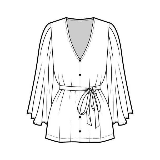 Blusa técnica moda ilustração com mangas de círculo longo, mergulho decote em V, cinto de gravata, fechos de botão frontal
. - Vetor, Imagem