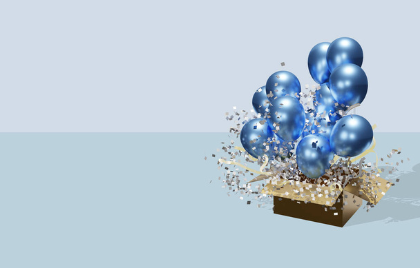 Abra una caja de cartón que contenga un globo de cumpleaños y una celebración de logros 3D con una cinta. E ilustraciones de arco iris para publicaciones y pancartas - Foto, Imagen