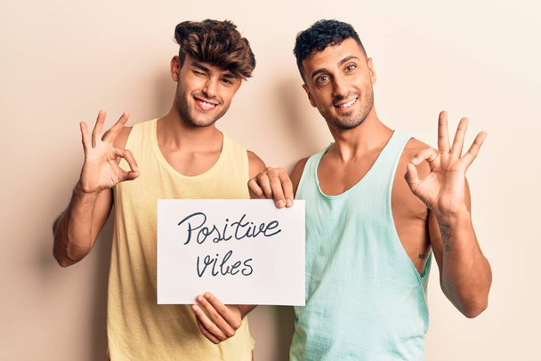 Молодая пара геев с положительными вибрациями баннер делает хорошо знак с пальцами, улыбаясь дружелюбный жест отличный символ  - Фото, изображение