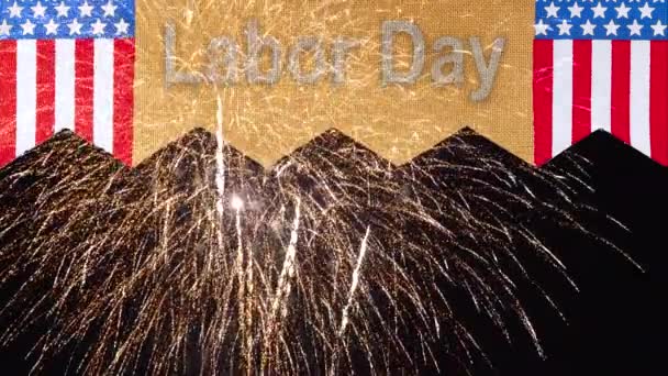 Fête du travail construction joyeuse fête fédérale sur plus de drapeau des États-Unis étincelle feux d'artifice nocturnes spectacle - Séquence, vidéo