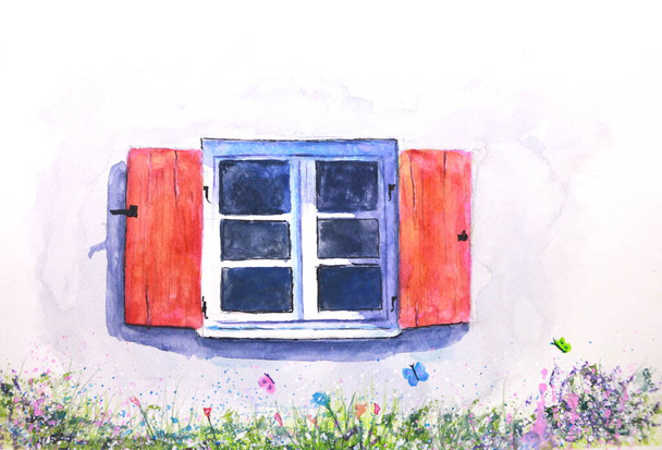 akvarelli ikkuna kukka ja butterflys - Valokuva, kuva