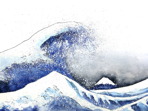 japanese great wave art. watercolor style.hand drawn - Valokuva, kuva