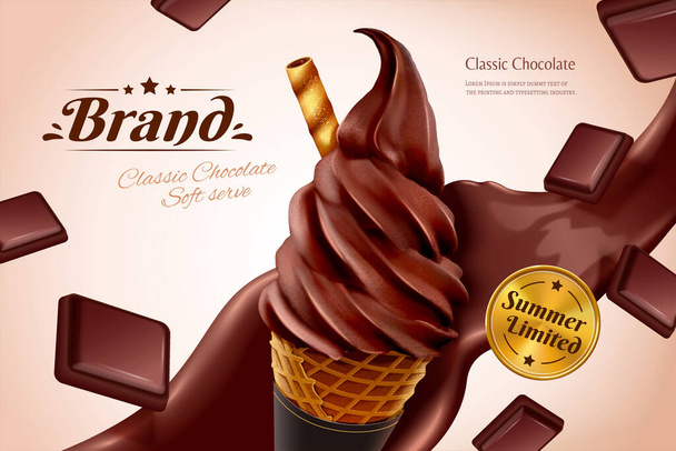 Chocolate soft serve ice cream cone ads with flowing syrup effect and chocolate pieces in 3d illustration - Вектор,изображение