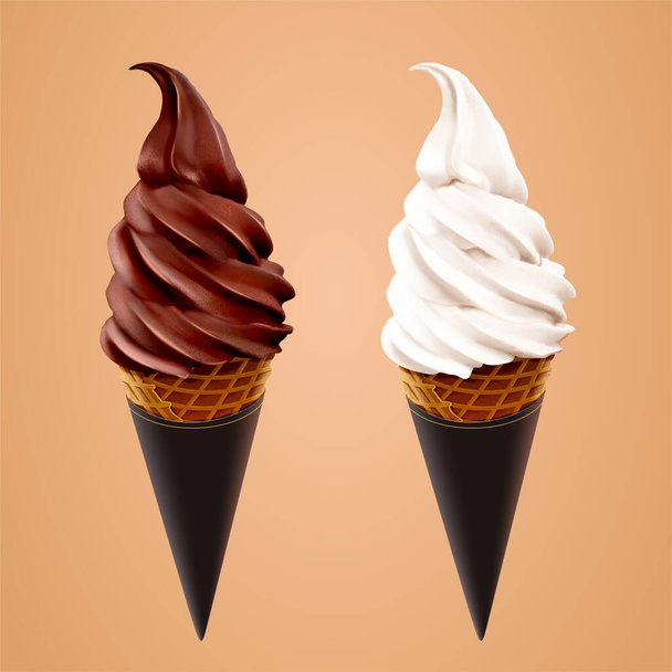 Milk or vanilla and chocolate soft serve ice cream cone in 3d illustration - Vecteur, image