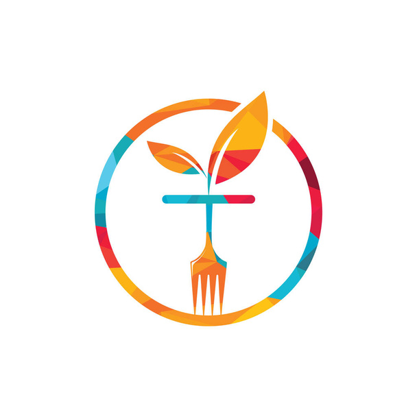 健康食品ロゴテンプレート。フォークと葉のシンボルを持つ有機食品のロゴ. - ベクター画像